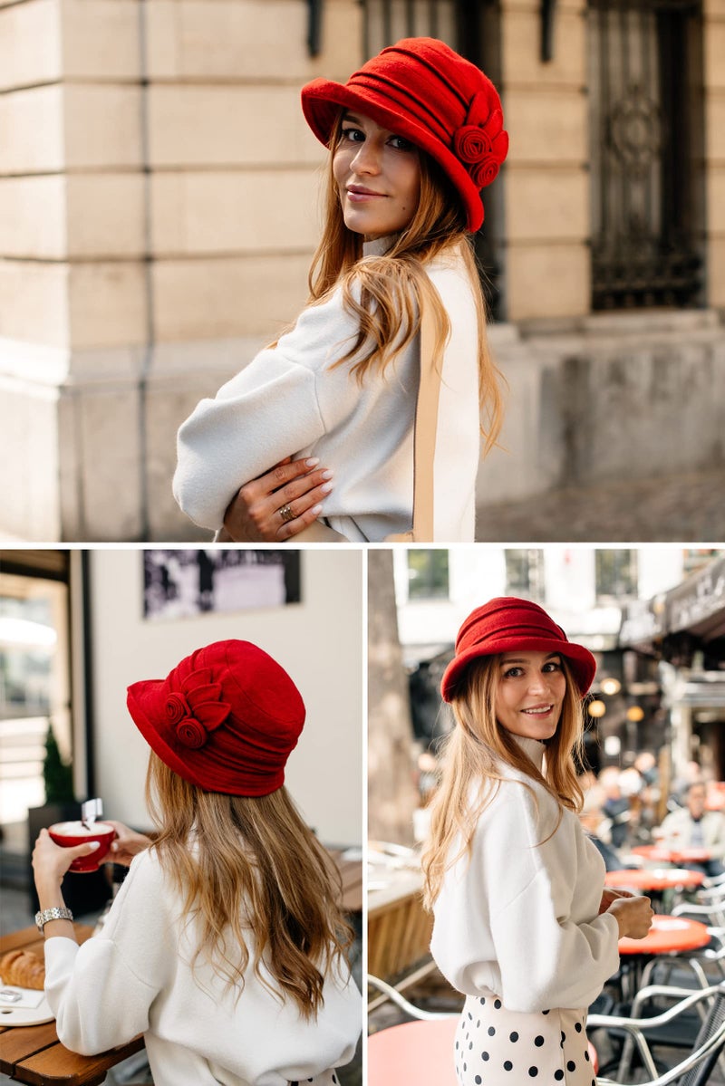 Comhats Womens Vintage Wool Felt Cloche Bucket Hat Winter Packable 1920s Fedora Bowler Church Derby Party Medium Red - Image 3